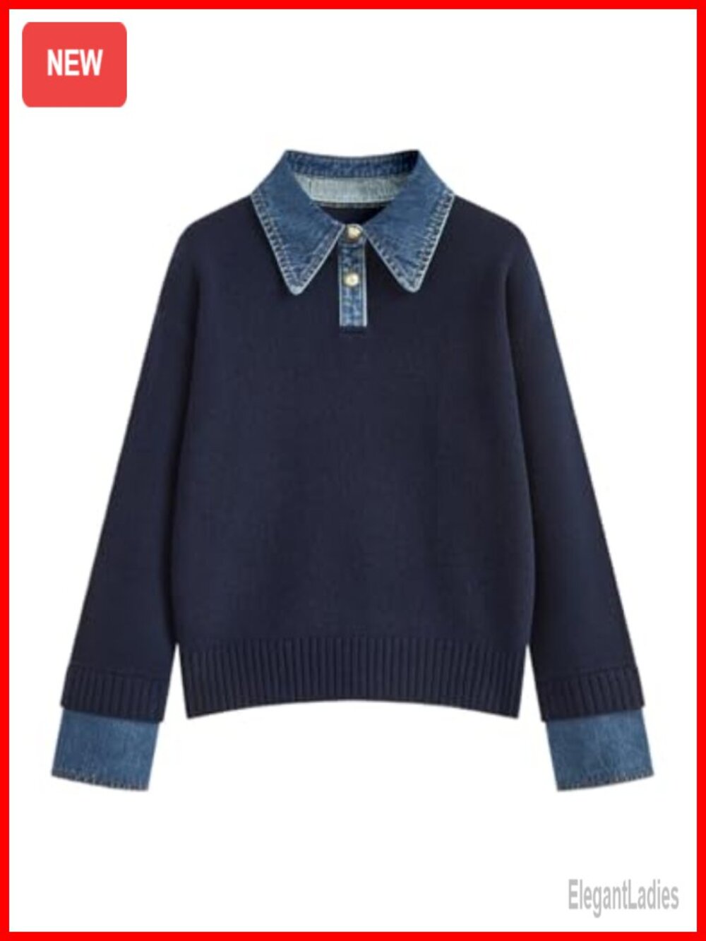 Oversized Denim Panel Knit Sweater Pullover with Polo Collar